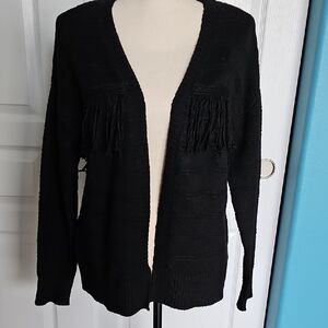 Black Fringe Open Cardigan Sweater